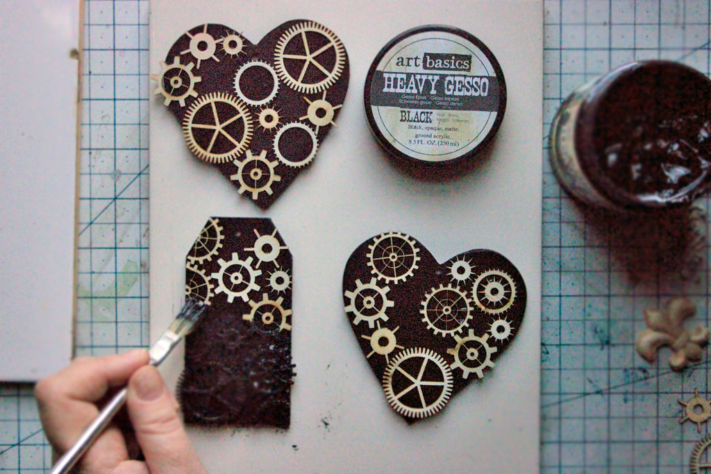 Hearts with gears adding black gesso