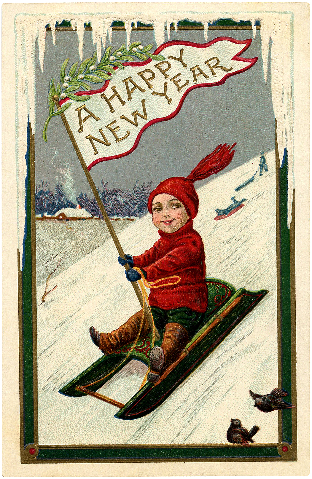 Cute Vintage  New  Year  Sled Boy Image The Graphics Fairy