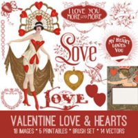 Valentine collage with hearts and lady