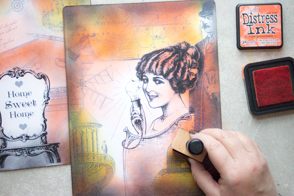 adding orange ink to page with lady