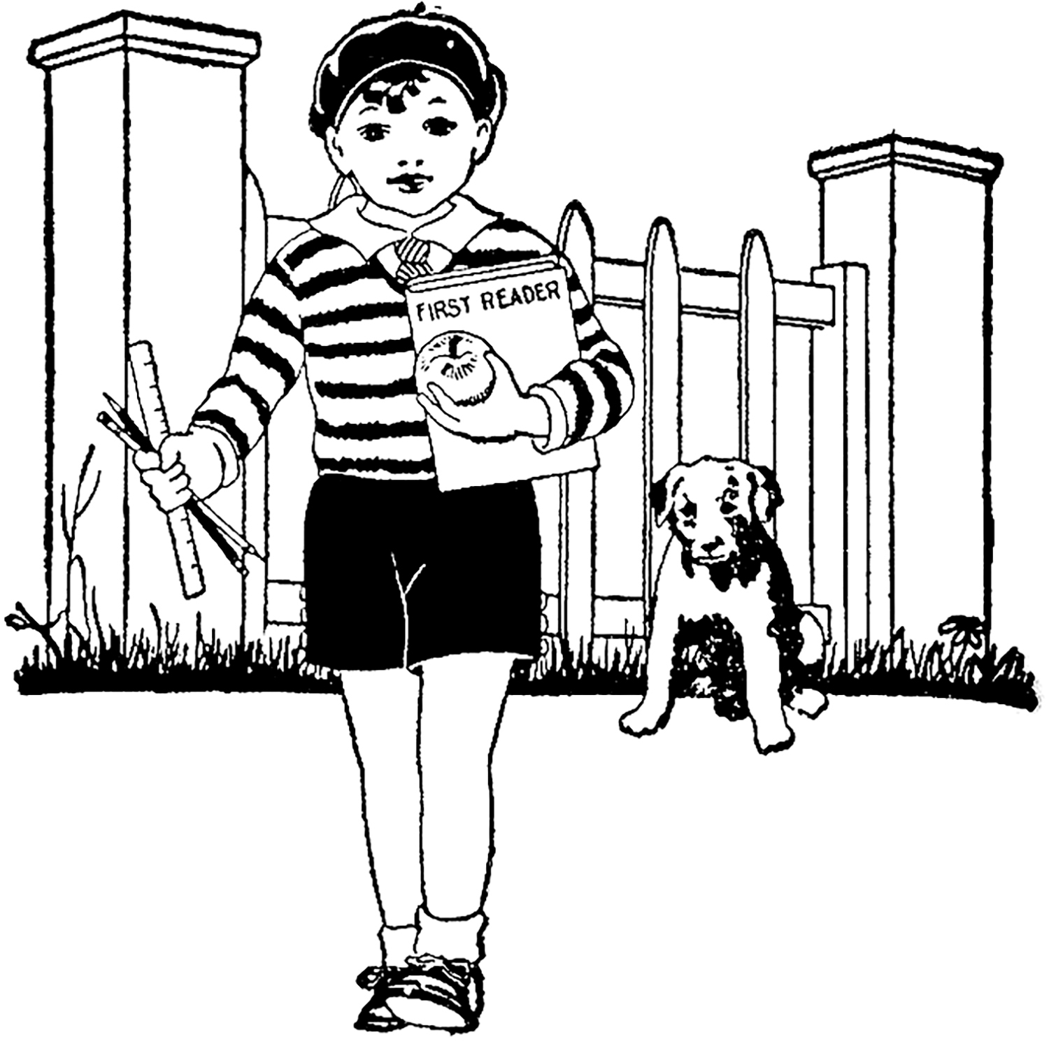 boy going to school clipart black and white