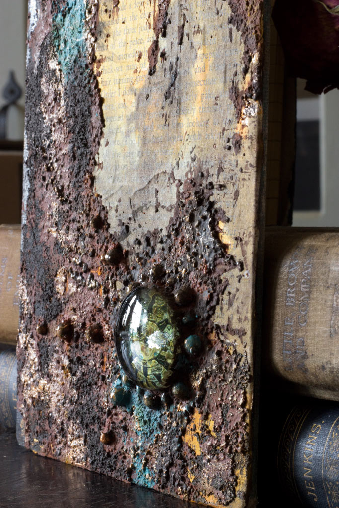 close up of grungy patina on art piece