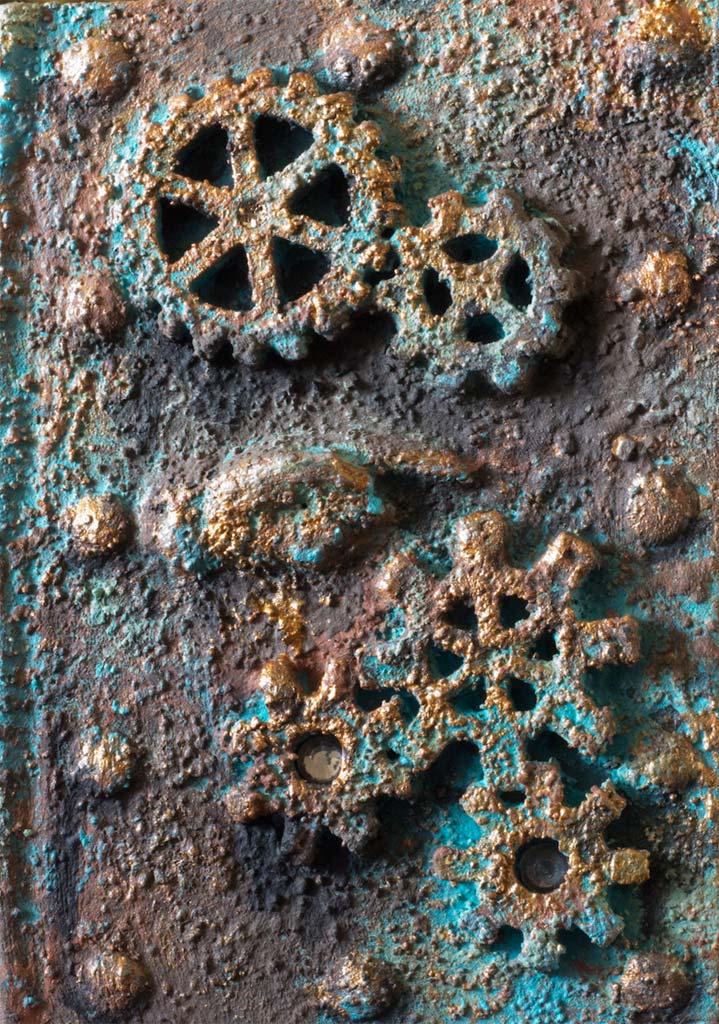 close up of patina mixes on gears