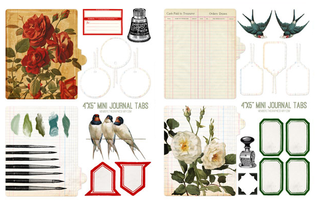 Vintage office supplies collage with birds and flowers