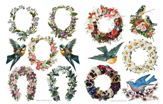 Bluebird collage with floral wreaths