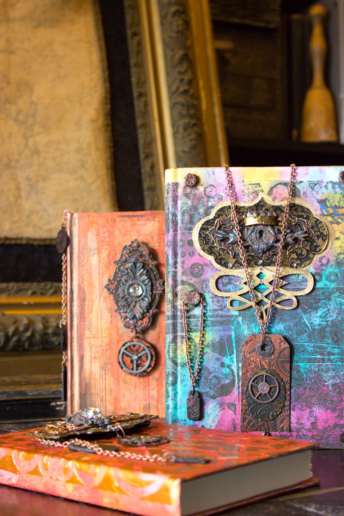 books with embossed resin and chains