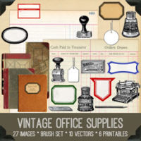 Collage of office supplies with labels and ink
