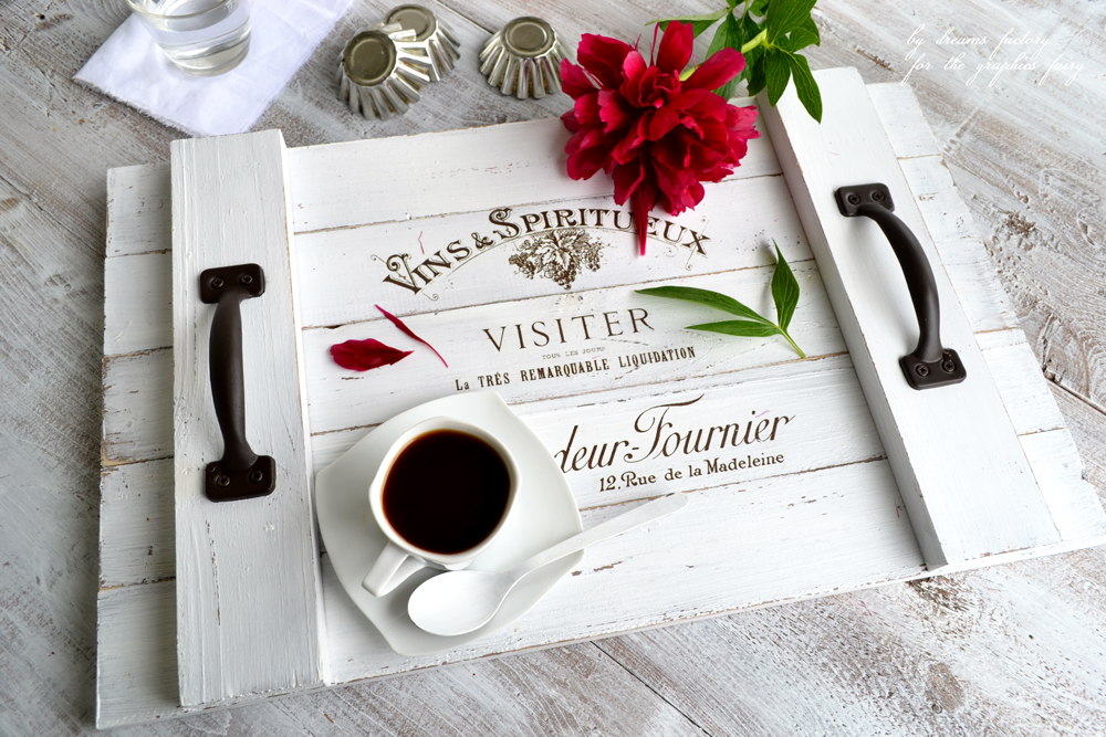 Learn how to make a DIY French Farmhouse Tray from scratch, decorate it with a beautiful French graphic and use it to give your home a chic farmhouse style - by Dreams Factory for the Graphics Fairy