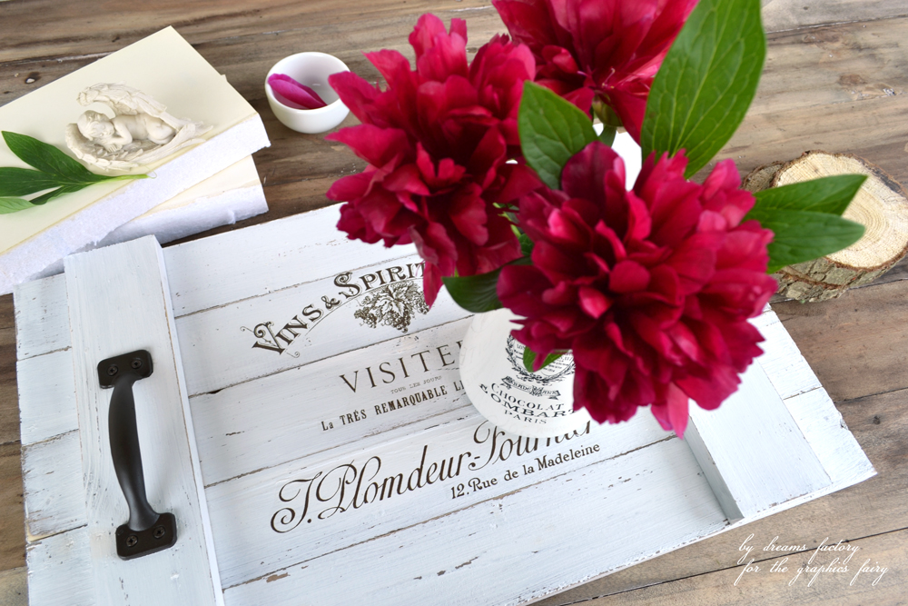 Learn how to make a DIY French Farmhouse Tray from scratch, decorate it with a beautiful French graphic and use it to give your home a chic farmhouse style - by Dreams Factory for the Graphics Fairy
