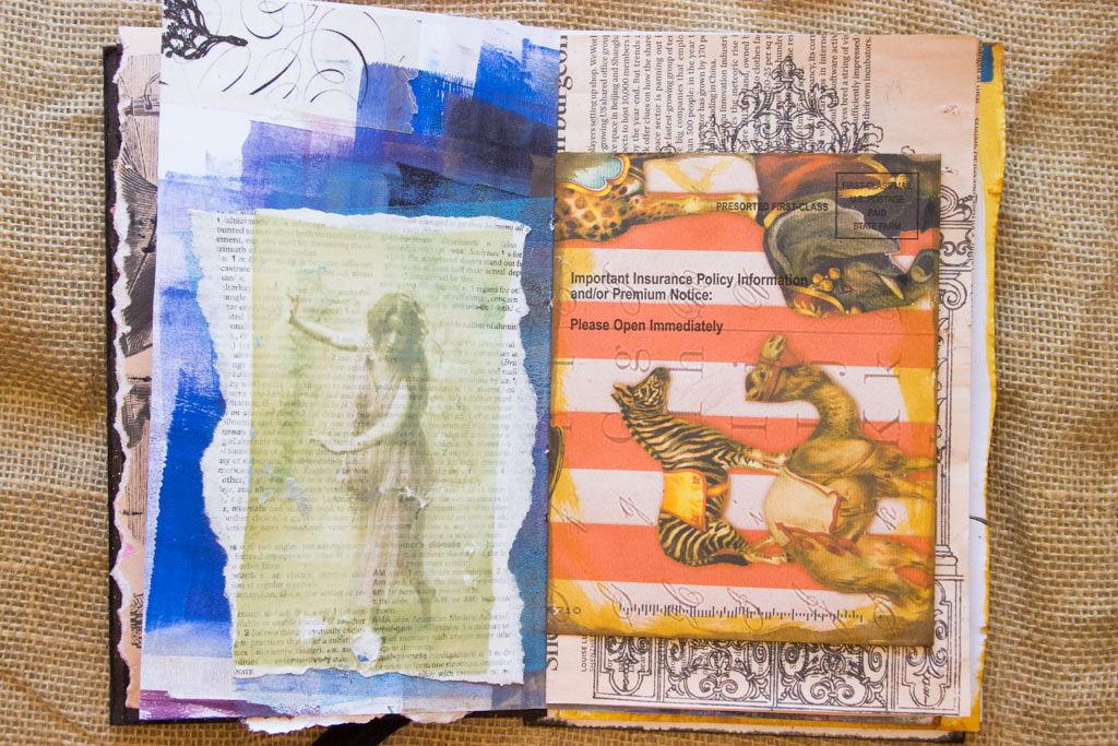 Printed junk mail used in art journal with lady and circus animals