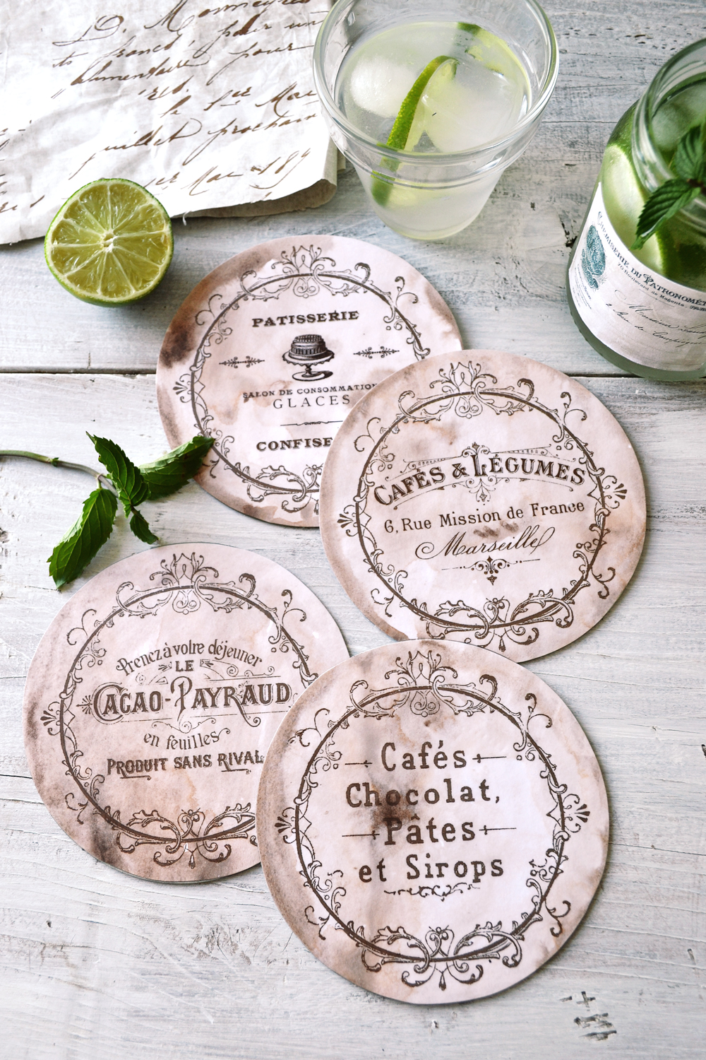French upcycled CD Coasters with leaves and limes
