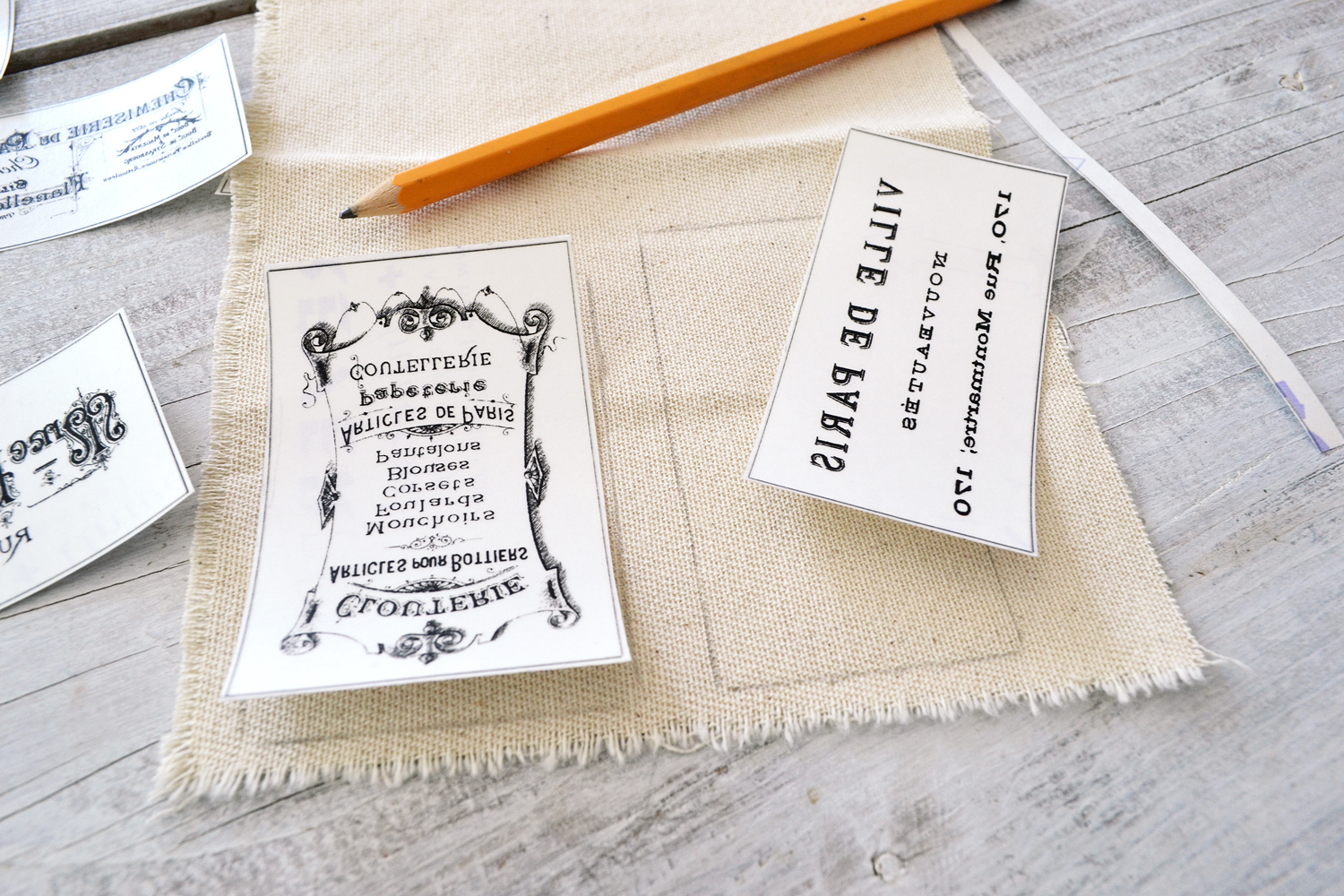 Learn how to make stunning French Ephemera Fabric Labels using the iron on transfer paper technique and use them to beautify different types of objects - by Dreams Factory for The Graphics Fairy