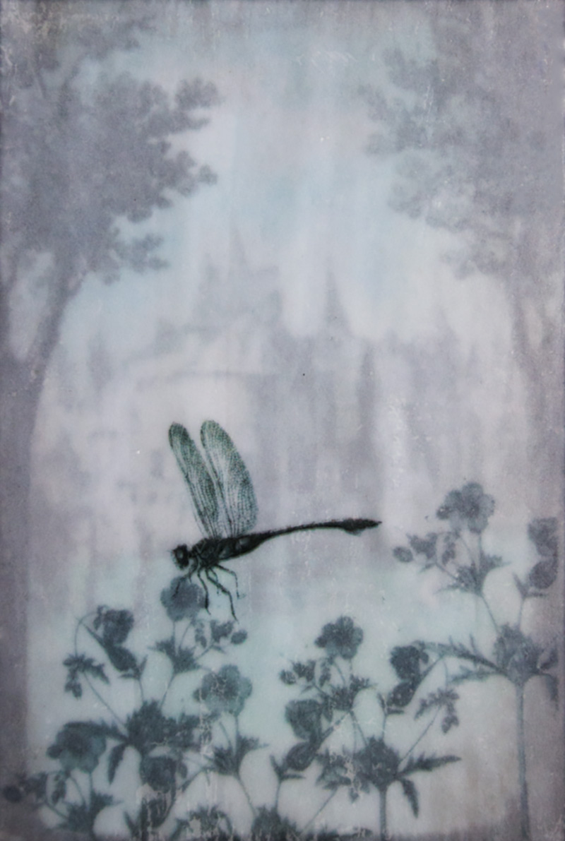finished faux encaustic print with dragonfly