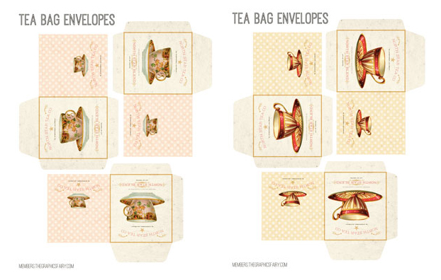 Tea party collage with teacups and teapots and spoons envelopes