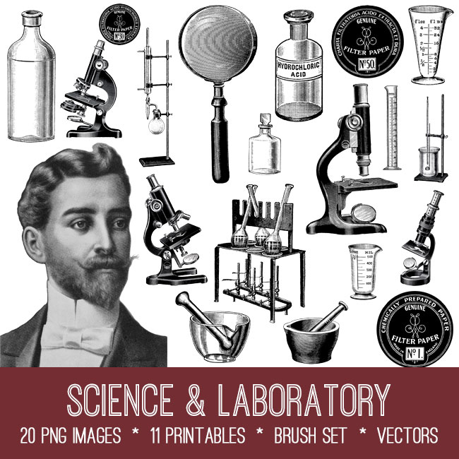 Science and laboratory collage with man and microscopes