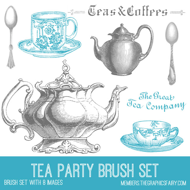Tea party collage with teacups and teapots and spoons