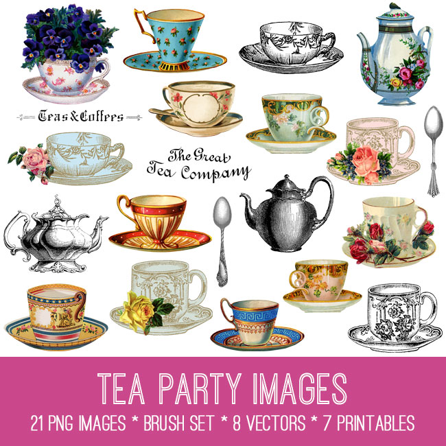 Tea party collage with teacups and teapots and spoons