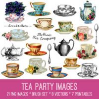 Tea collage with cups and teapots