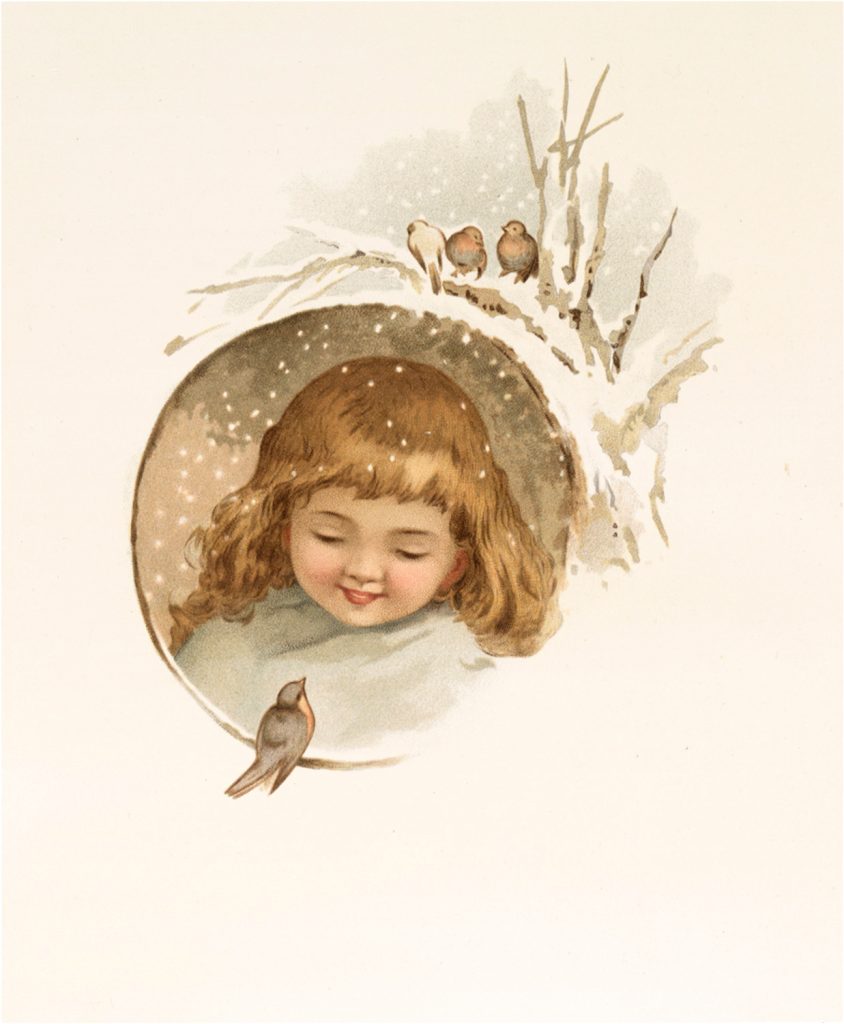Girl in snow with birds image
