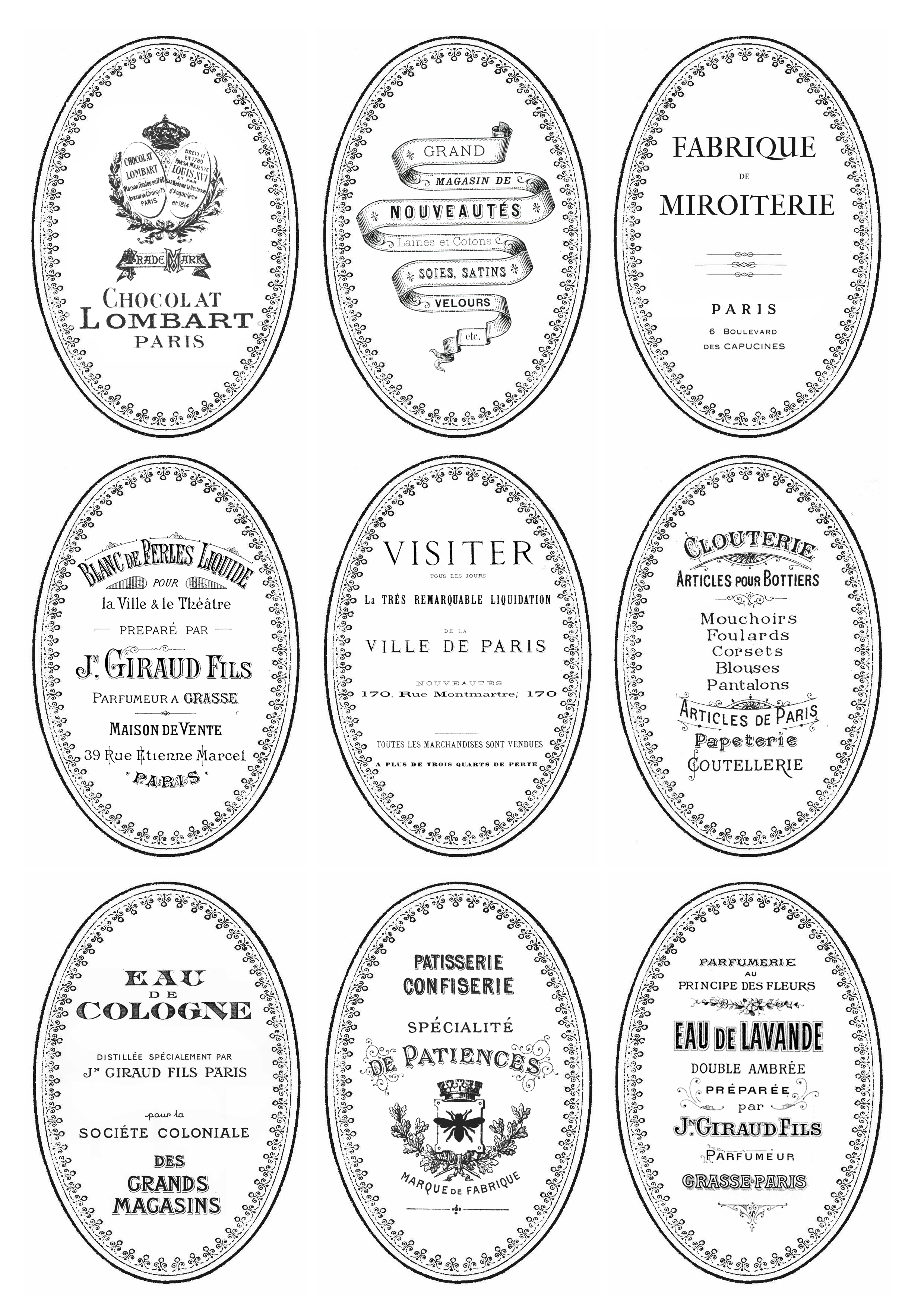 Oval French labels for DIY painted and distressed bottles