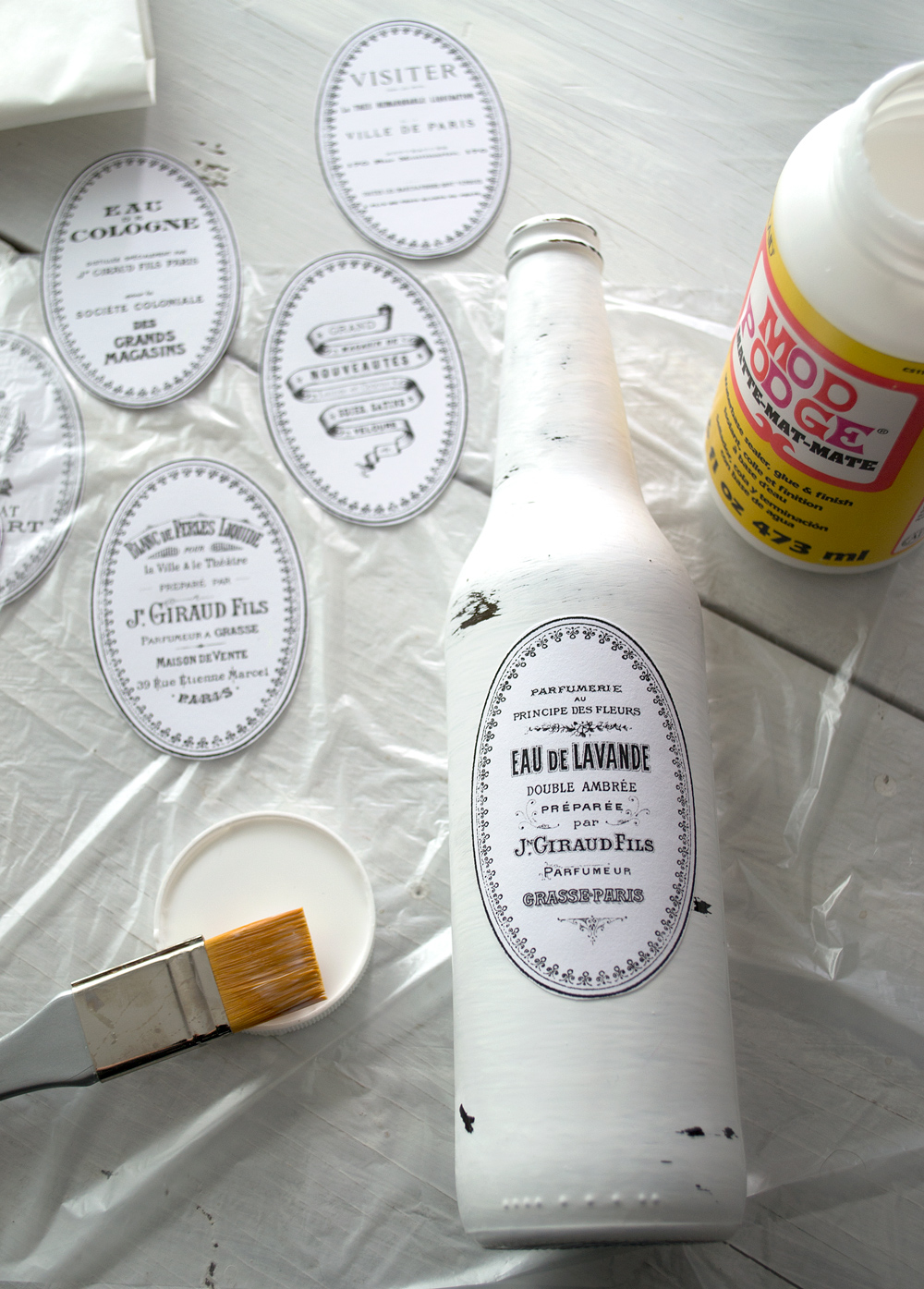 DIY Painted and Distressed French Bottles project + free printable