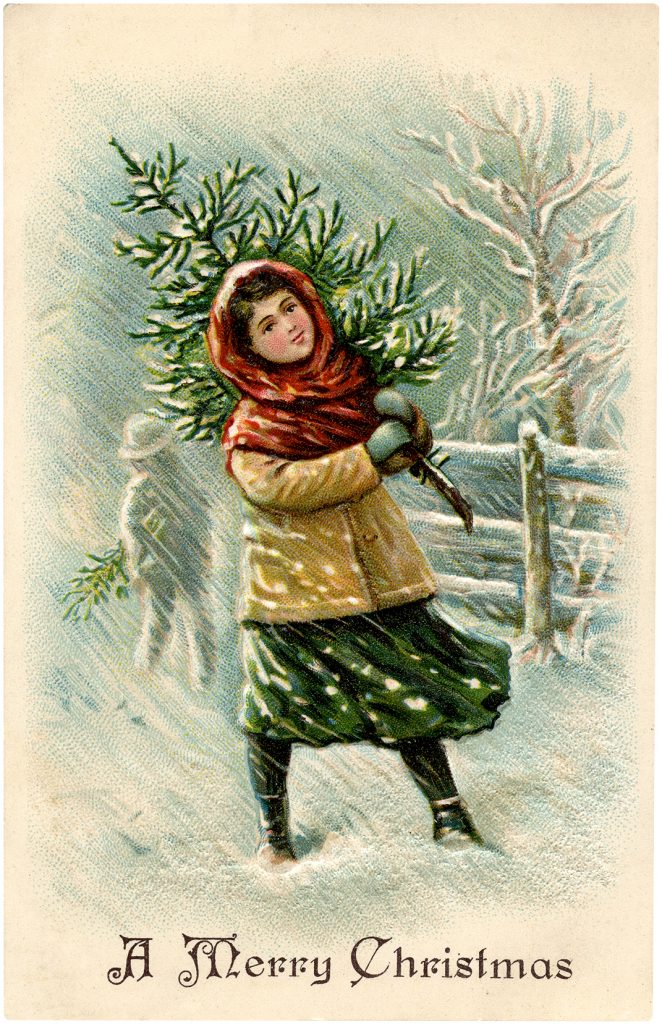 Girl with Christmas Tree in Snow Image