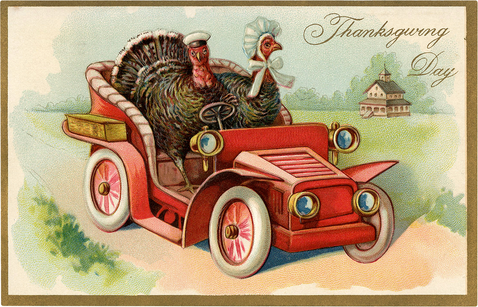 A vintage Thanksgiving Greeting card with two turkeys in hats driving down a country road in a red open top car.