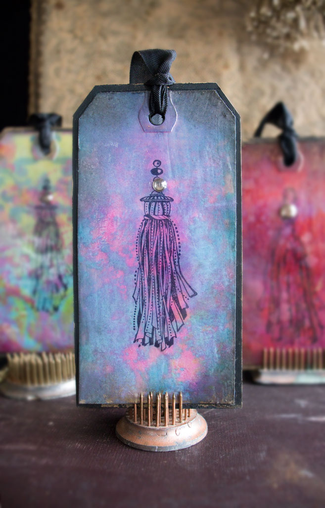 finished distress oxide ink tags with tassels and jewels