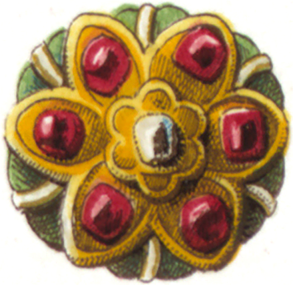 A close up of a brooch, with Gold and Ruby