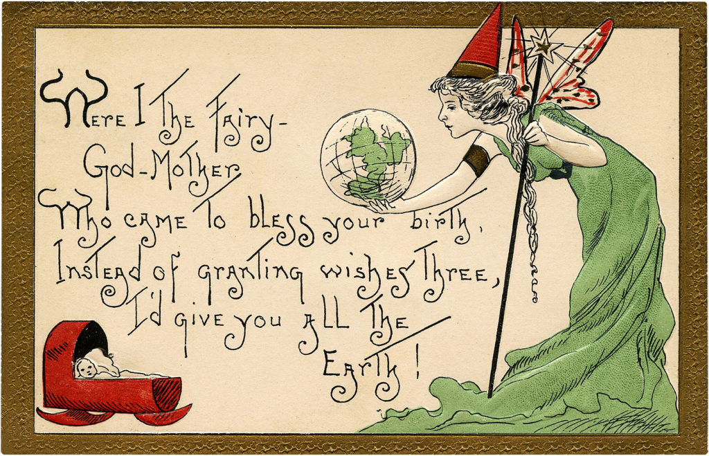 Adorable Vintage Fairy Godmother Birth Blessing Postcard! 