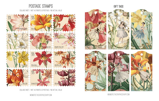 Lily flowers collage stamps and tags