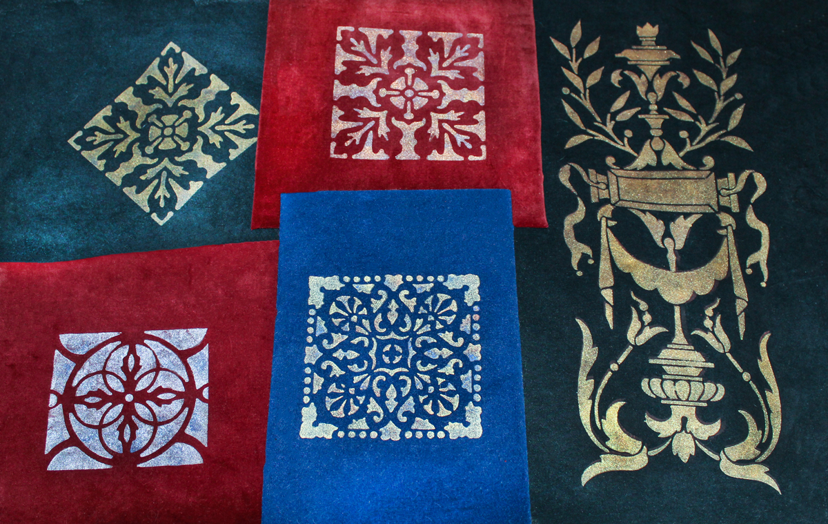 Examples of stencil designs on velvet