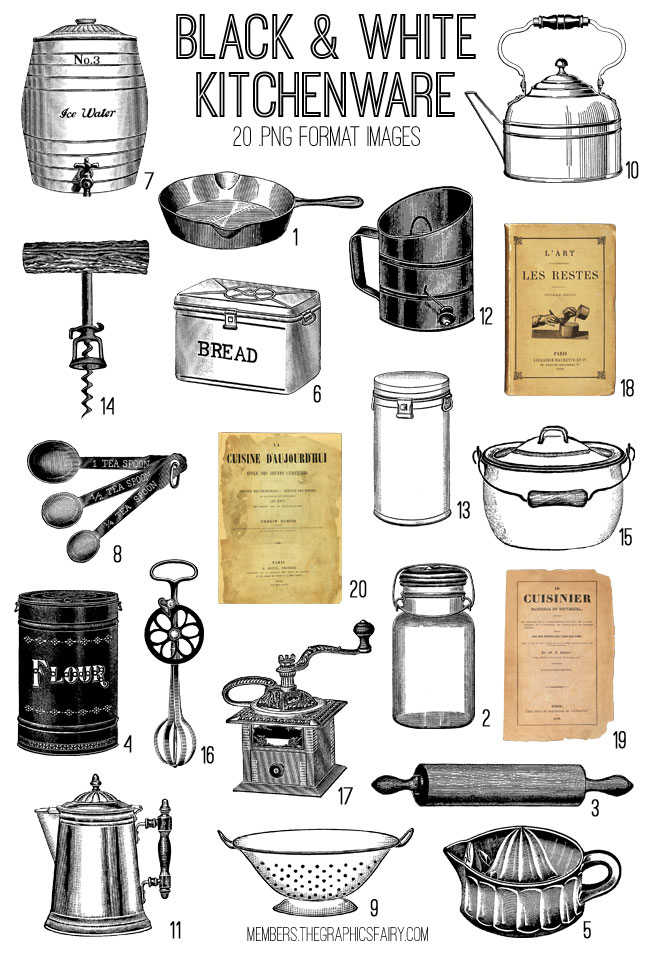 Black and white kitchenware collage