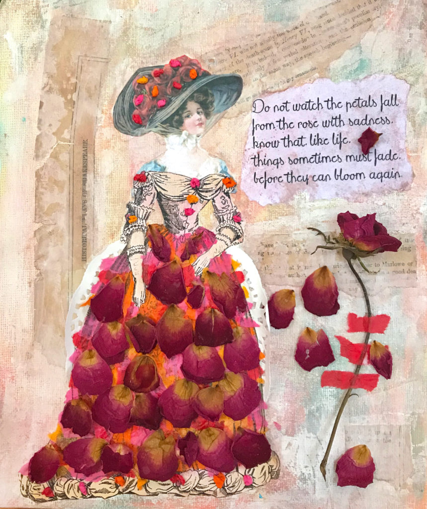 finished mixed media rose collage lady