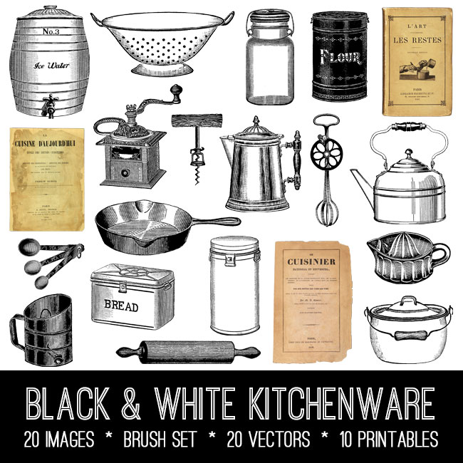 Black and white kitchenware collage