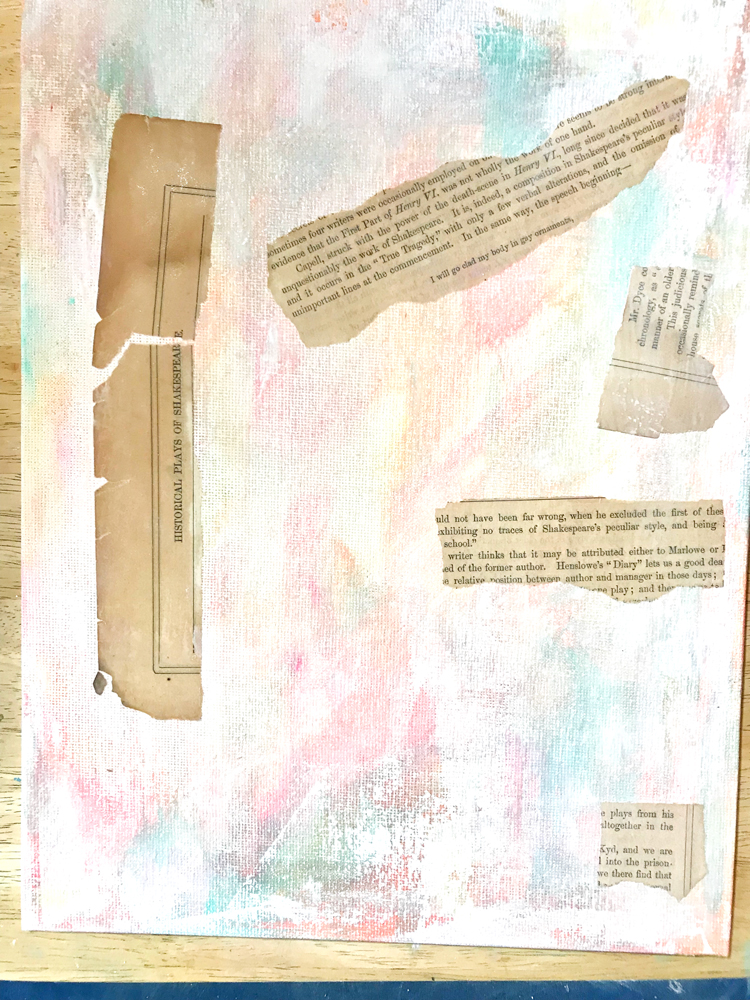 adding torn book pages to abstract painting