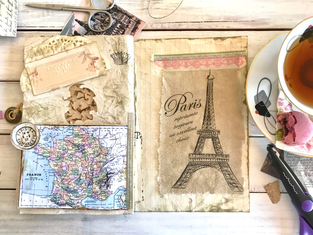 junk journal page with eiffel tower and map and tea