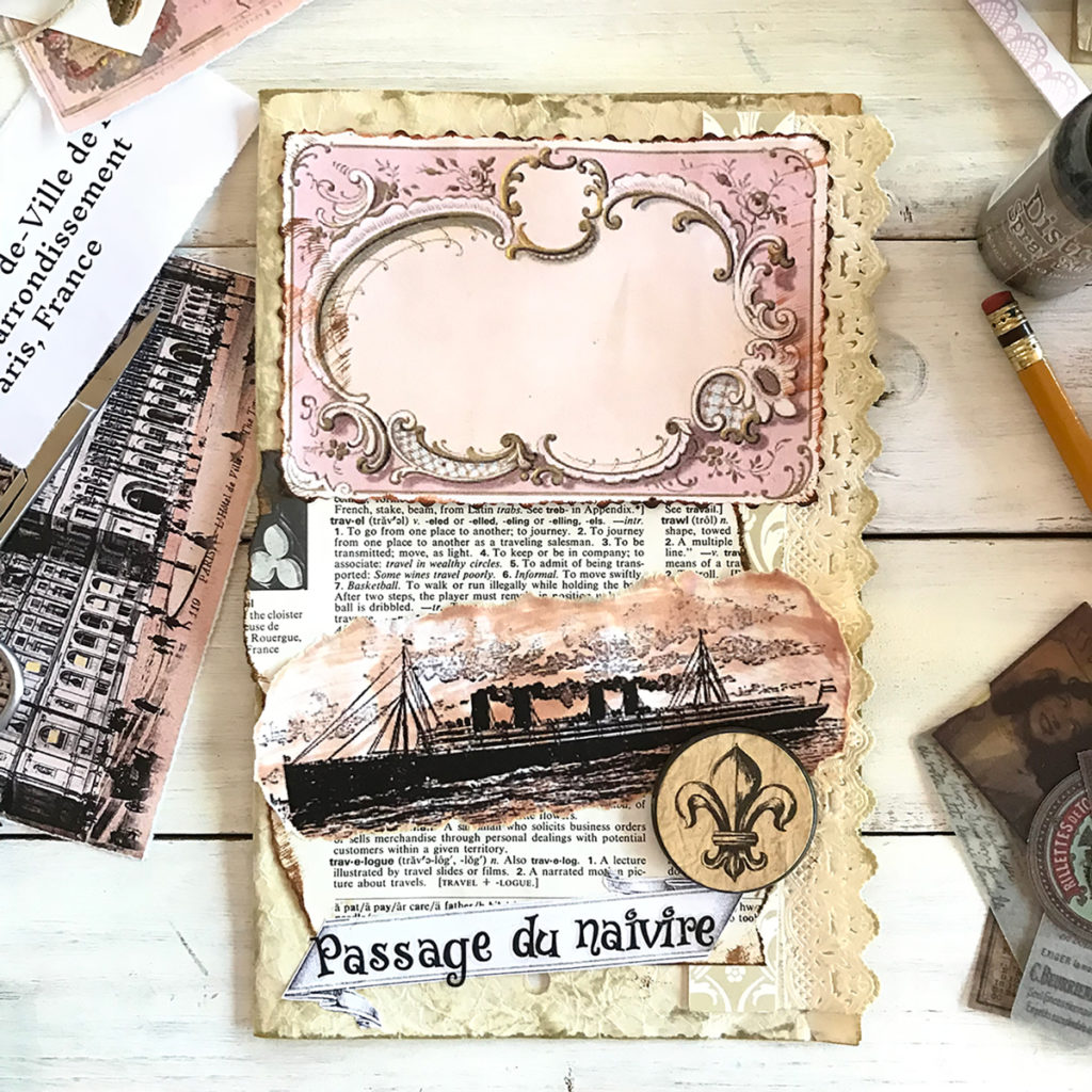 junk journal page with frame and ship