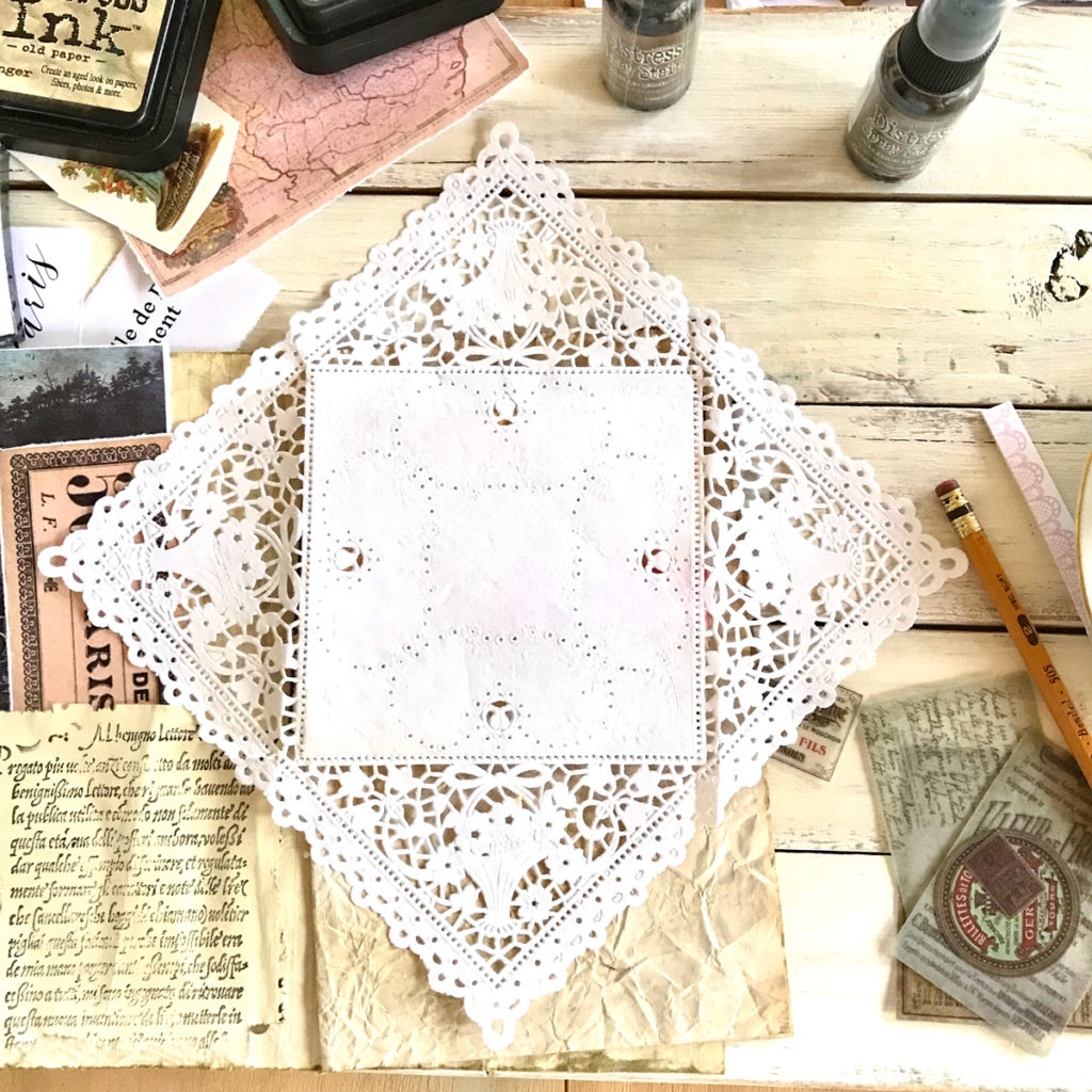 lace paper doily with paper stacks