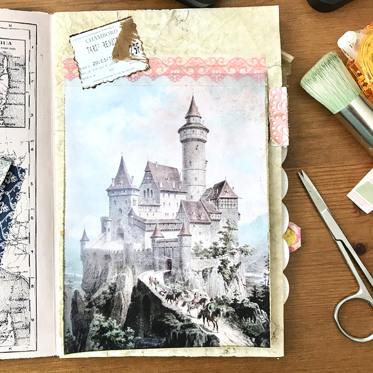 junk journal page with castle and scissors