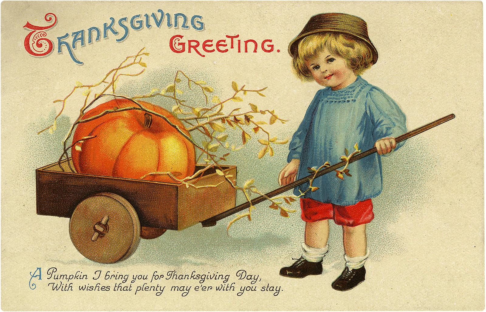 older postcard THANKSGIVING WISHES a pumpkin i bring girl with pies as a picture 