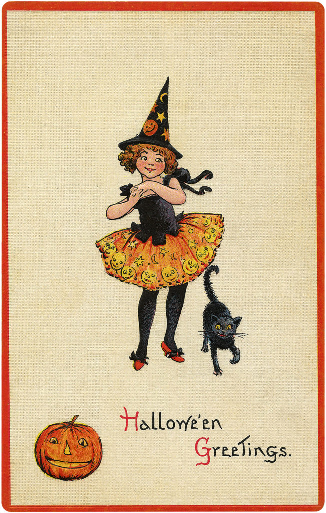 Cutest Vintage Witch Costume Halloween Postcard! - The Graphics Fairy