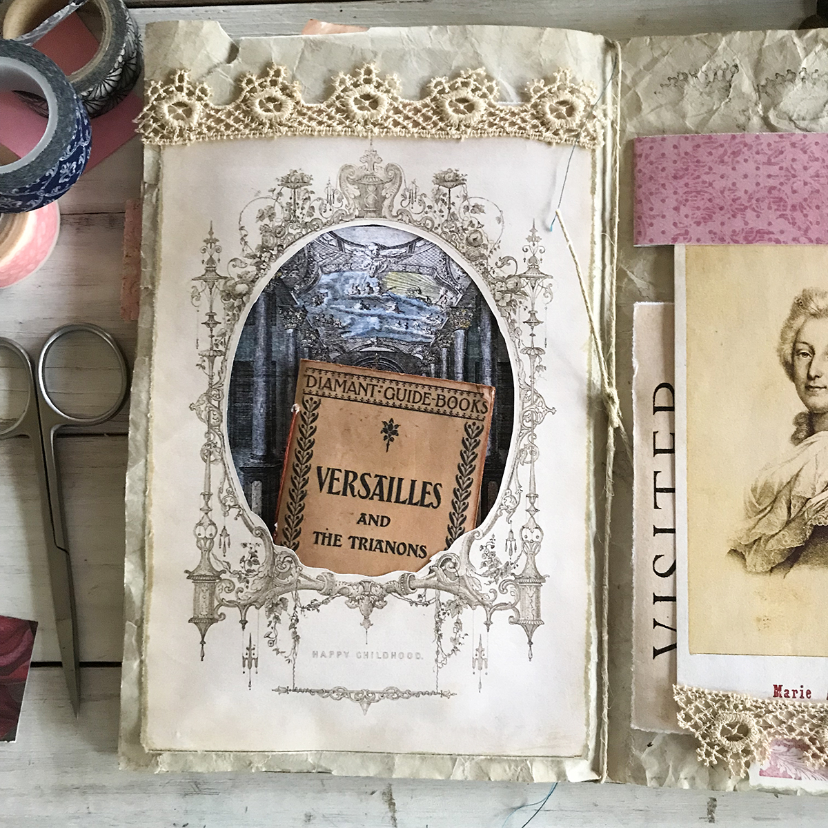 framed scene with booklet and lace Journal page