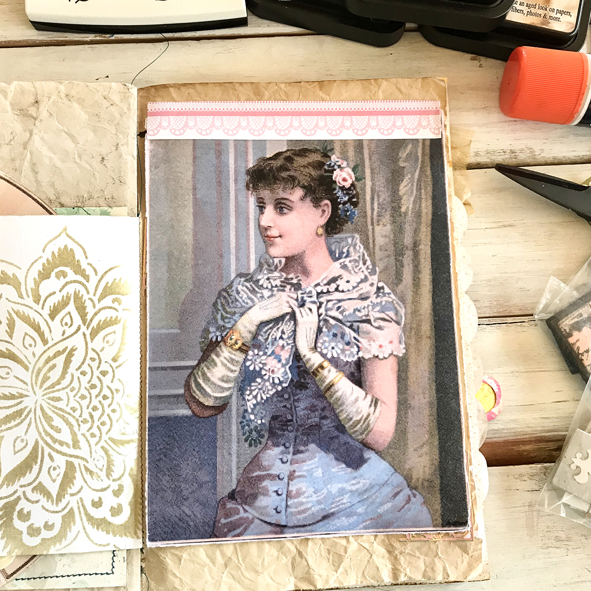 Lady with lace color junk journal page
