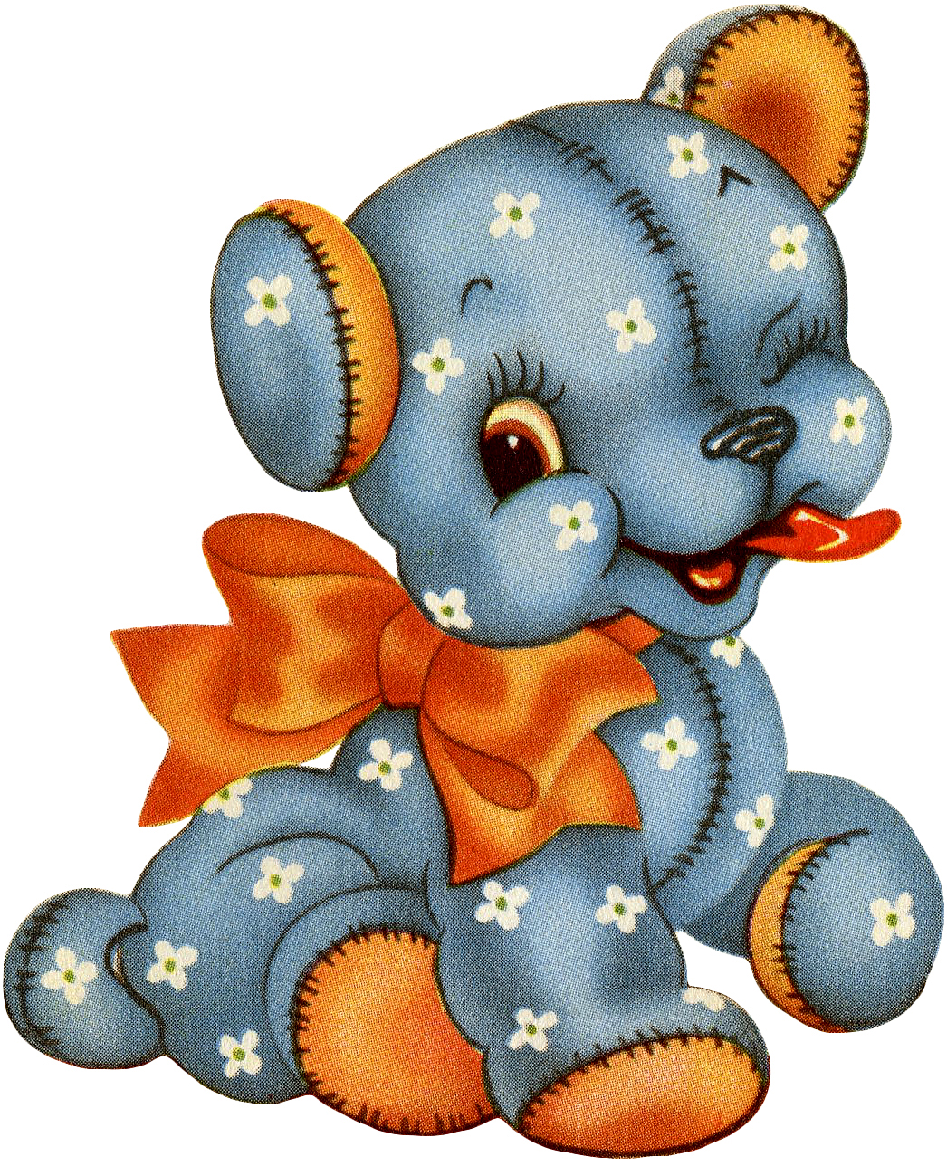 2 Retro Kitsch Calico Stuffed Animal Illustrations - Blue! - The Graphics Fairy
