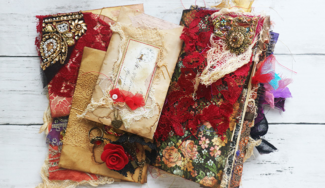 Fortune teller junk journal with red lace and jewels