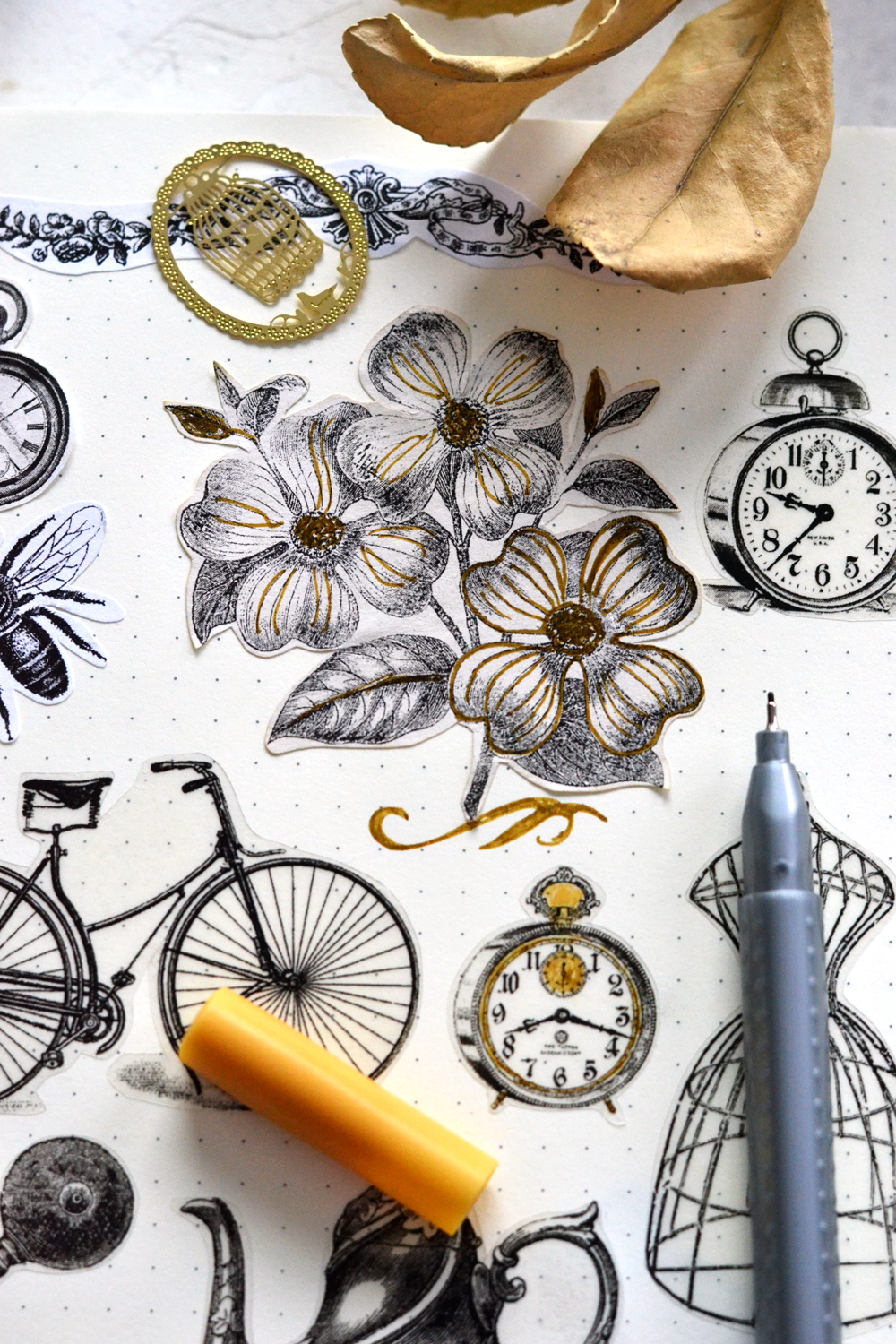 Coloring in vintage stickers with clocks and flowers