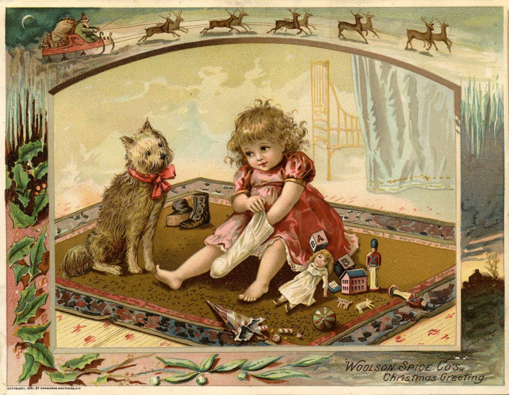 Victorian Christmas Child with Dog and Toys