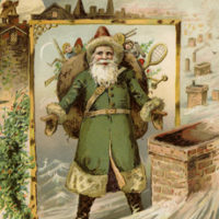 Santa with green robe on chimney