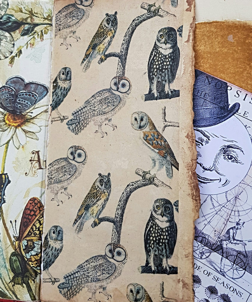 Junk Journal Page of Owls Endpaper by Kelly Boler from Book and Paper Arts